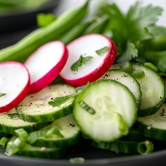 Fresh cucumber, radish salad plate, green beans, parsley, kitchen