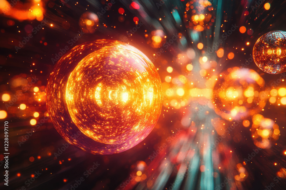 Poster a vibrant, glowing sphere dominates a dark, bokeh-filled space, with streaks of light and other orbs