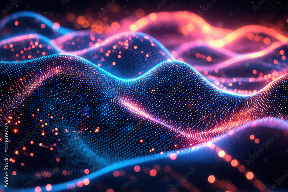 Poster abstract digital wave of glowing particles, vibrant blue and orange hues, creating a dynamic and ene