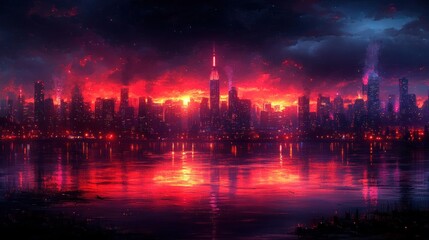 Fiery Cityscape Sunset Reflection