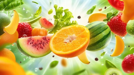 Naklejka premium Colorful fruit assortment with oranges, strawberries, pineapple and melon.