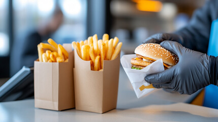 View of a Fast-Food Restaurant Highlighting Health Risks Associated With PFAS Contamination and Promotional Banner Display
