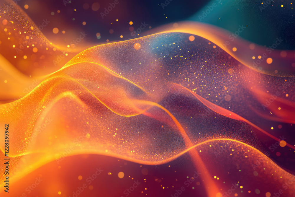 Poster Abstract fiery orange and red waves with glittering particles, creating a dynamic and vibrant visual.