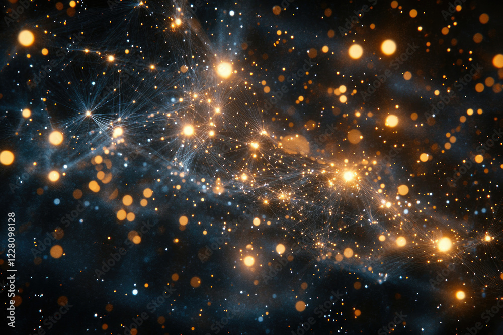 Poster Abstract cosmic network of interconnected glowing nodes and lines, resembling a galaxy or neural network.