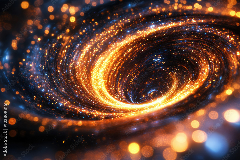Poster a mesmerizing cosmic vortex of swirling golden and blue lights, creating a captivating abstract artw