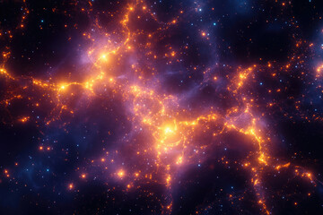 Fototapeta premium A vibrant nebula, glowing with orange and purple hues, filled with bright stars and cosmic dust.