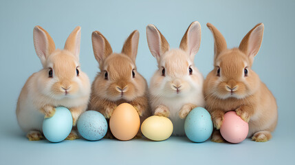 Easter Bunny Rabbits Sitting Holding Colored Eggs