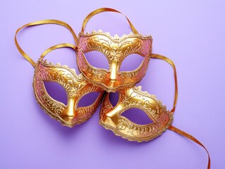 Set of three traditional Italian masquerade masks in gold and pink with intricate designs, suitable for theatrical performances or festive occasions.