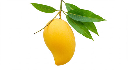 fresh indian organic ripe yellow mango fruit with leaves closeup isolated, known in india various name as totapuri, kesar, amrapali or alphonso mango, white background with copy space 