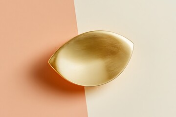 A single golden object resembling a ring or a plate on a two-tone pastel background
