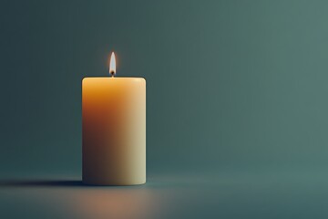A single burning candle on a teal background