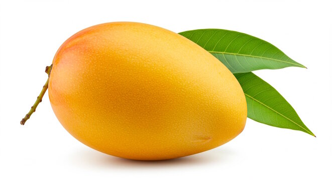 fresh indian organic ripe yellow mango fruit with leaves closeup isolated, known in india various name as totapuri, kesar, amrapali or alphonso mango, white background with copy space 