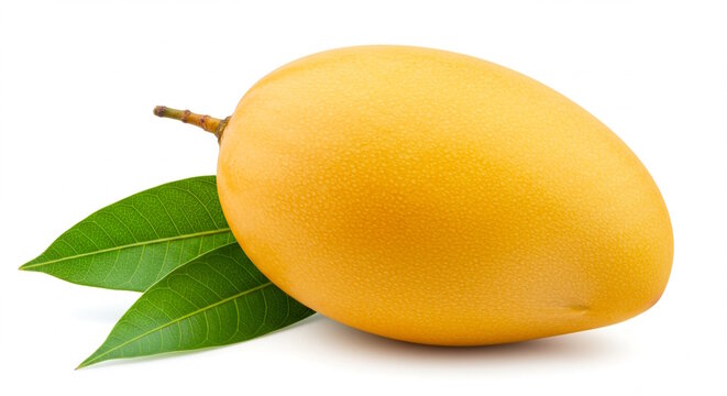 fresh indian organic ripe yellow mango fruit with leaves closeup isolated, known in india various name as totapuri, kesar, amrapali or alphonso mango, white background with copy space 