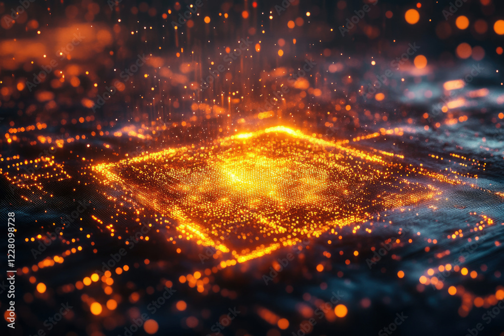 Poster Glowing particle field forming a square, abstract digital art representing data flow or energy.