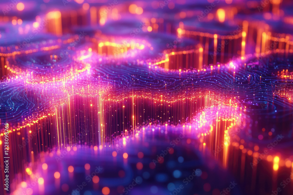 Poster Abstract digital landscape with glowing lines and particles, vibrant colors and dynamic energy.