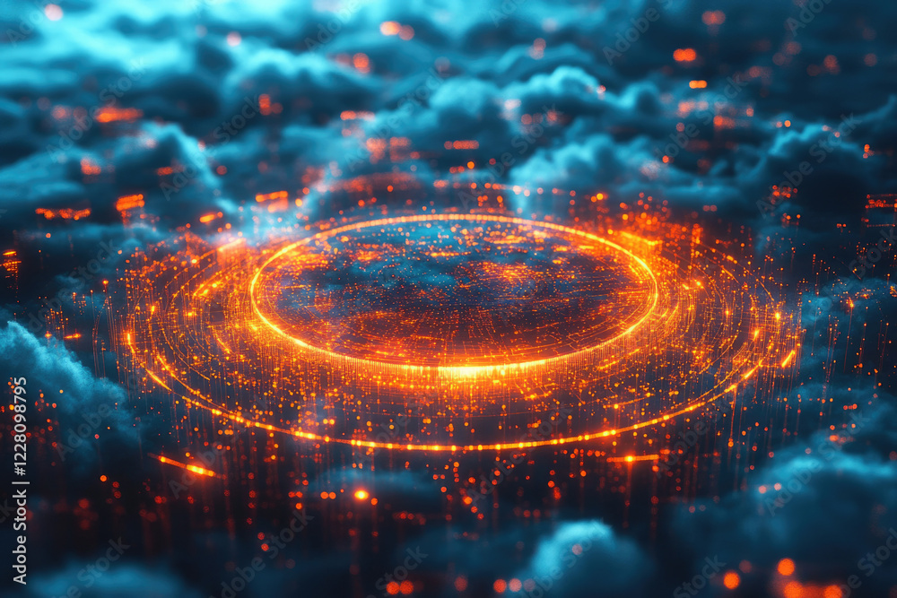Poster Glowing circular network of light and particles over dark blue clouds; abstract digital concept.