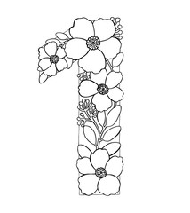 Hand drawn lettering Number 1 isolated background. Handwritten message. Numbers date Numeric with Flowers Blossom leaves Elements. Can be used as a print, for cards, design, banner, poster, calendar.