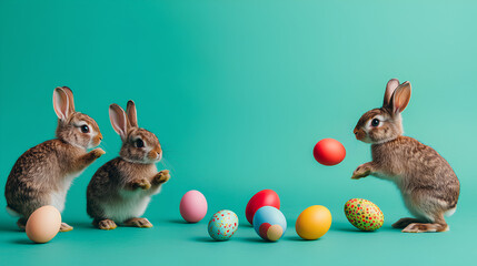 Easter Bunny Rabbits With Colored Eggs Playing Catch Green Background