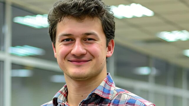 Portrait of a young man with a pleasant appearance, smiling, close-up. The friendly expression conveys warmth and accessibility.