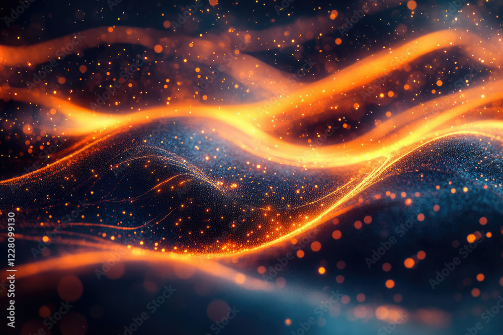 Leinwandbilder Abstract glowing particles form dynamic waves in a dark background, creating a vibrant and energetic visual.