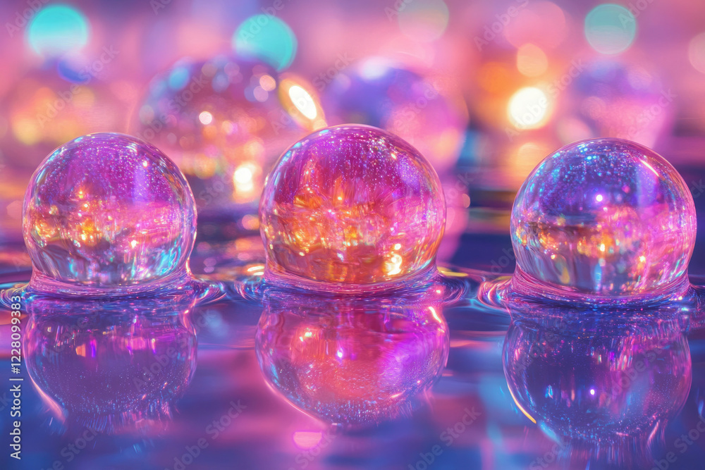 Fototapete Three iridescent orbs rest on a shimmering surface, reflecting vibrant, multicolored lights.