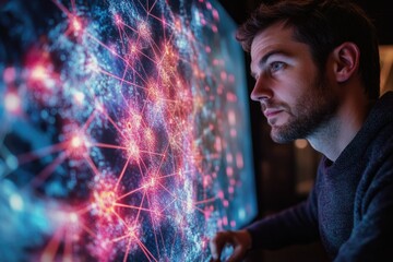 Man intently examines a large screen displaying a complex network of interconnected nodes, glowing with vibrant colors.