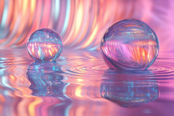 Two iridescent glass orbs rest on a calm, reflective surface with a vibrant, colorful background.