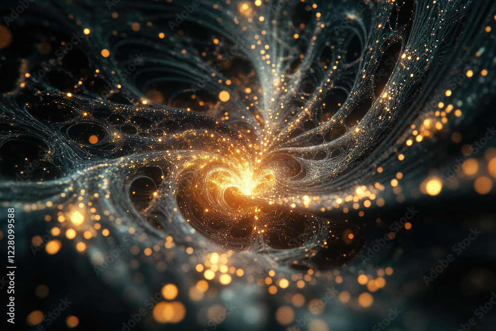 Poster a swirling vortex of golden light and dark matter, a cosmic fractal pattern.