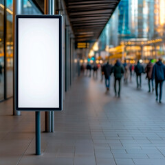 Modern advertising screen at vibrant city bus stop, blank digital display surrounded by bustling pedestrians and colorful architecture, capturing the dynamic pace of city life.