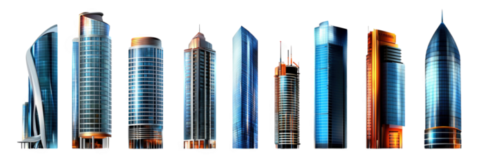 A vector illustration set of glass skyscraper isolated on white background