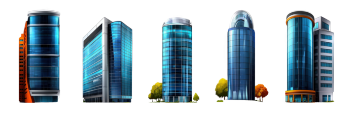 A vector illustration set of glass skyscraper isolated on white background