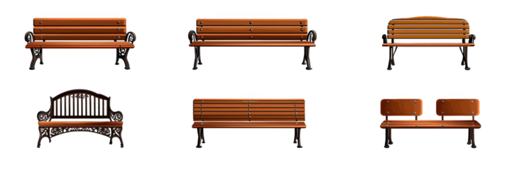 A set of brown wooden park benches offers outdoor seating