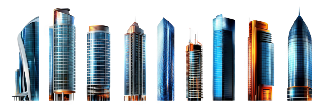 A vector illustration set of glass skyscraper isolated on white background