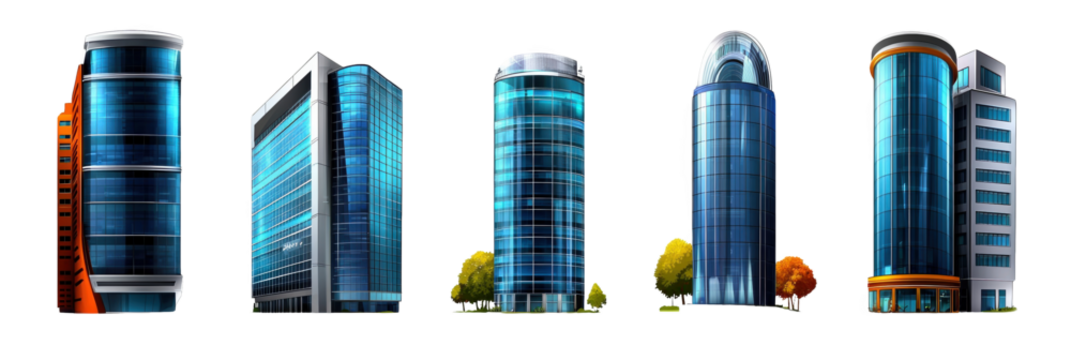 A vector illustration set of glass skyscraper isolated on white background