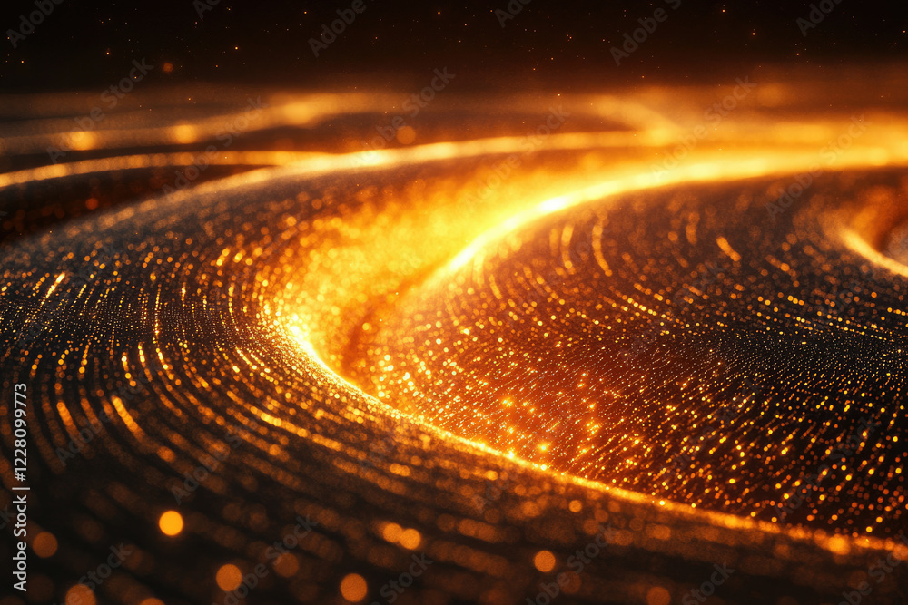 Poster abstract golden wave of glittering particles, glowing with bright light in dark space.