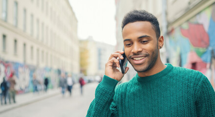 Young man smiling while talking on a smartphone in an urban setting