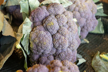 Fresh ripe organic purple cauliflower cabbage vegetables on farmers market on Tenerife, Canary islands, Spain, fresh local farmers products