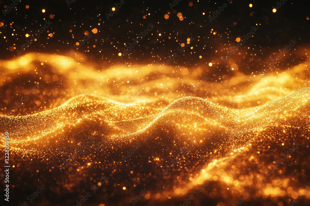 Poster Golden particles forming undulating waves, glittering and sparkling in the dark.