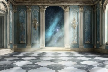 Fototapeta premium An old door with a galaxy visible through it symbolizing access to infinite possibilities.