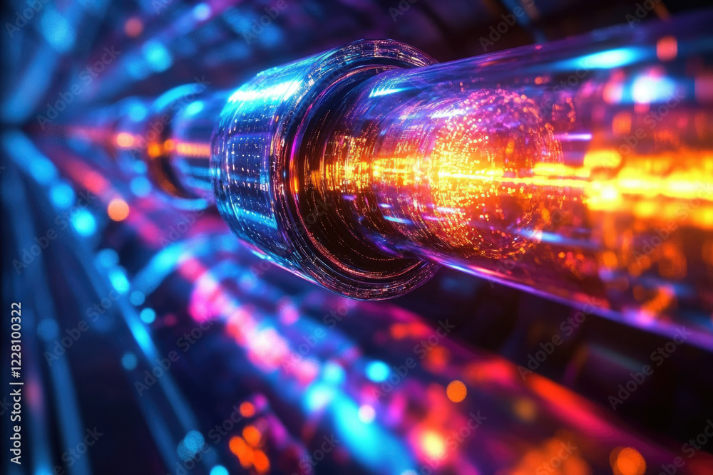 Poster vibrant neon lights flow through a futuristic transparent pipe, creating a dazzling, abstract citysc