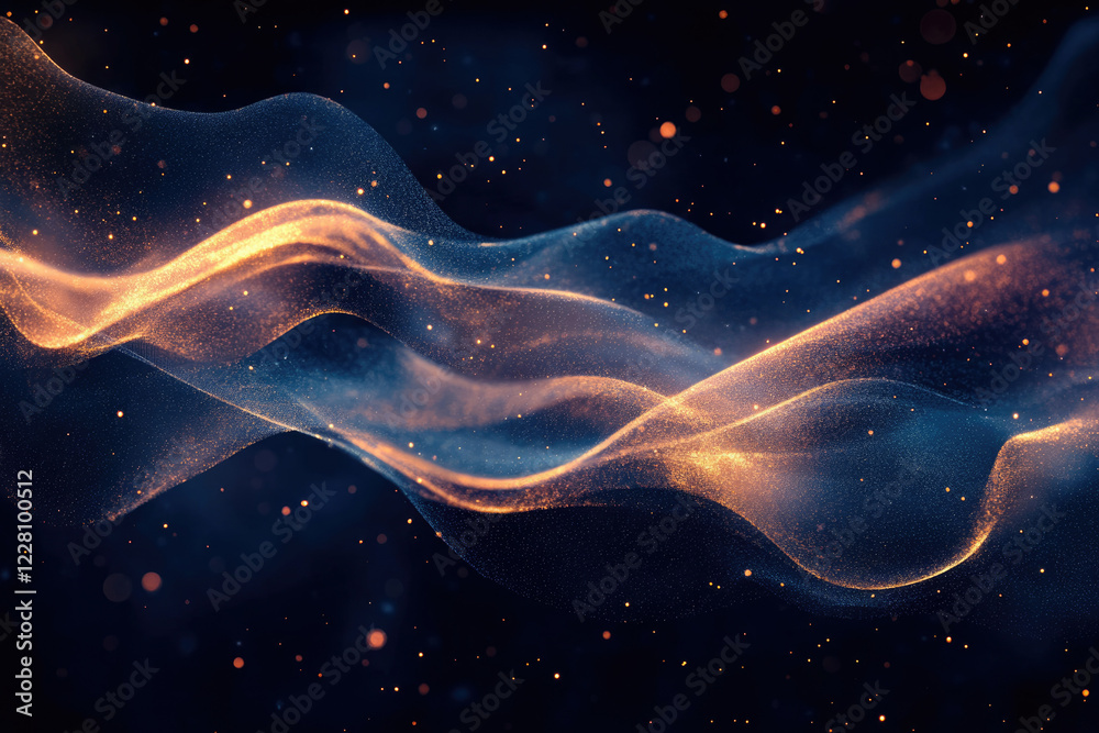 Poster abstract waves of golden and blue particles shimmer in the dark, creating a cosmic, ethereal scene.