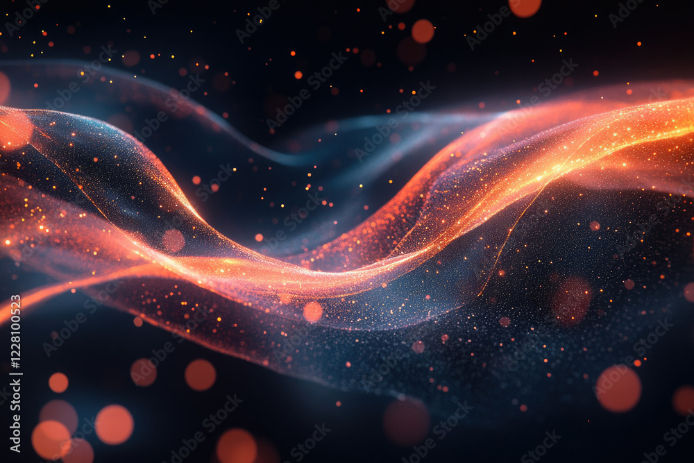 Aufkleber Glowing particles form abstract waves in a dark space, creating a mesmerizing and futuristic effect.