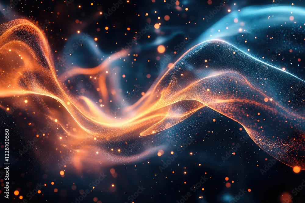 Poster abstract cosmic swirls of orange and blue energy with glowing particles in a dark space.