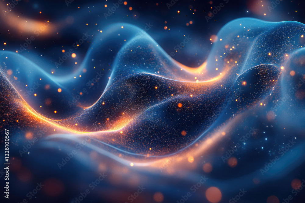 Poster abstract cosmic wave of blue and orange particles, glittering with light and depth.