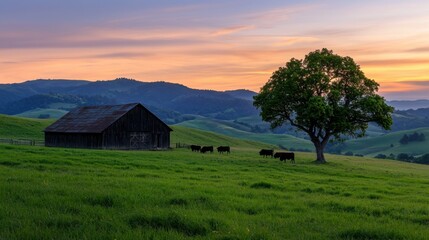 Obraz premium A farm with a barn and cows grazing in a field