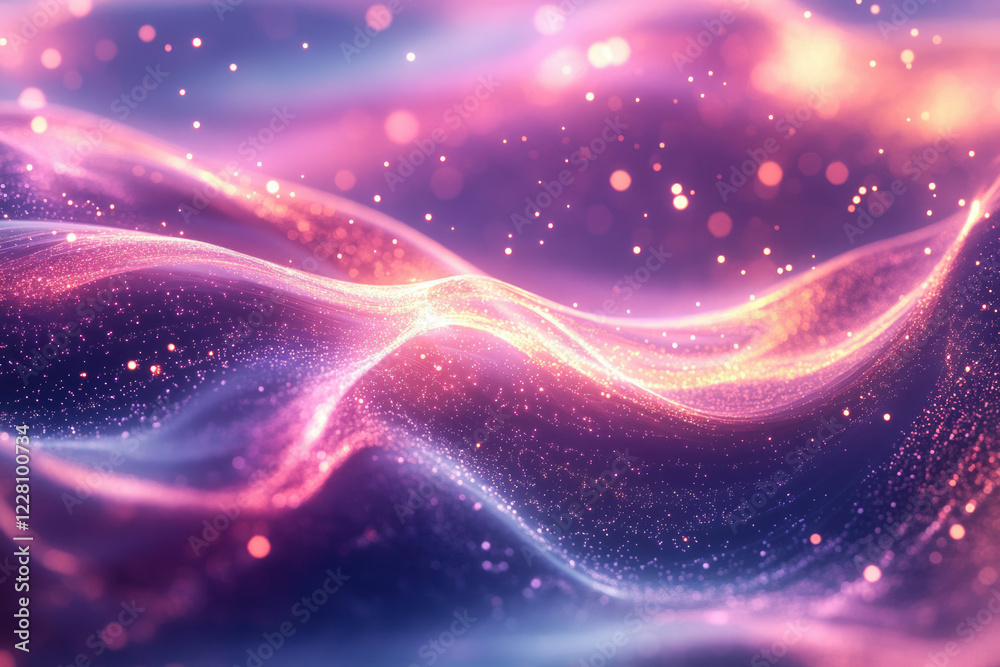 Poster Abstract glowing pink and purple waves with sparkling particles, creating a dreamy, ethereal atmosphere.