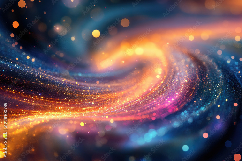 Poster abstract swirling cosmic nebula with vibrant colors and glittering particles.