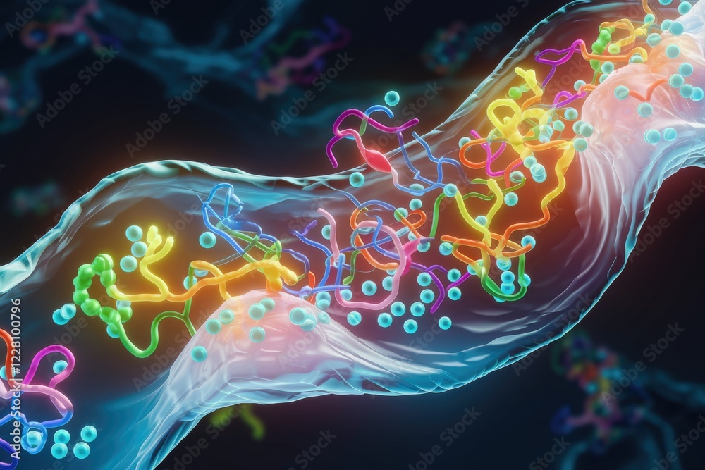 Poster microscopic view of vibrant protein structures and molecules interacting within a cell's membrane.