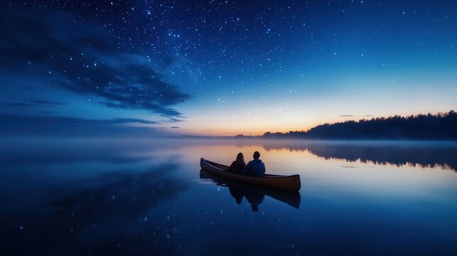 A couple is in a canoe on a lake at night