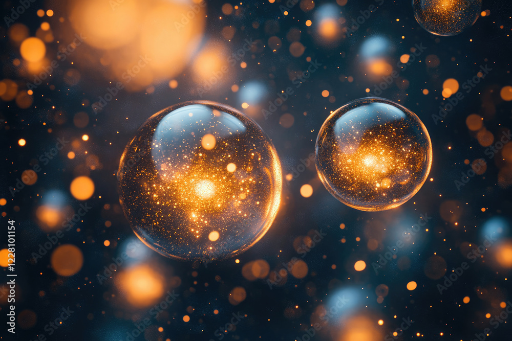 Poster two luminous orbs, filled with golden sparks, float in a dark, bokeh-filled space.